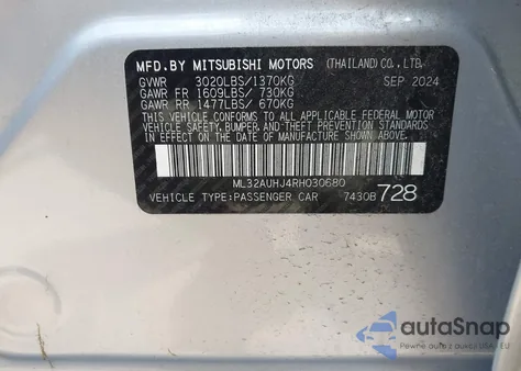 2024 Mitsubishi Mirage Es/Le z USA, uszkodzony, nr VIN ML32AUHJ4RH030680
